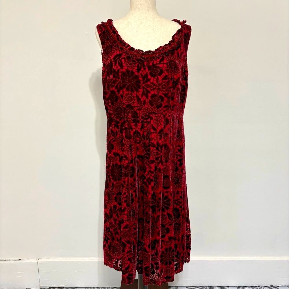 Vintage 90s The Territory Ahead Red Velvet Floral Midi Dress Sz 10 - Picture 1 of 5